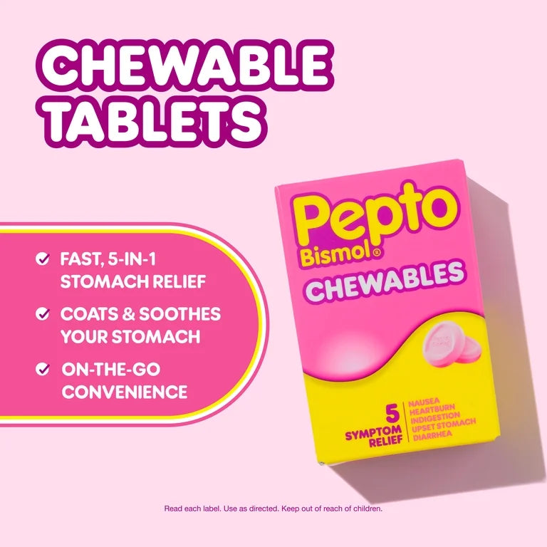 Pepto Bismol Chewable Tablets, Upset Stomach and Anti Diarrheal Relief, 30 Count