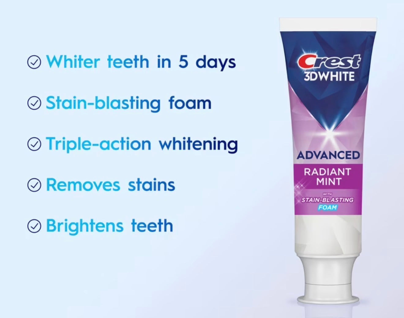 Crest 3D White Advanced Teeth Whitening Toothpaste, Radiant Mint, 2.4 oz